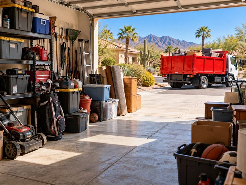 Garage crowded with storage bins, tools and sports gear, with a red dump truck parked outside