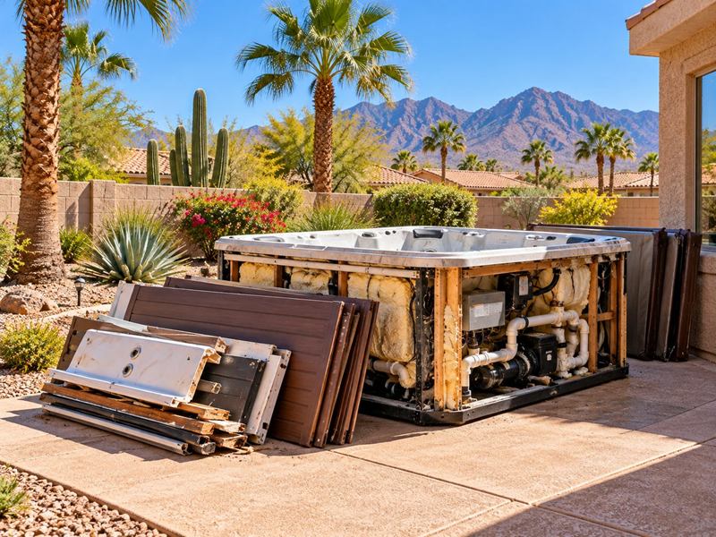 Hot tub on a backyard patio with its side panels removed and stacked beside it