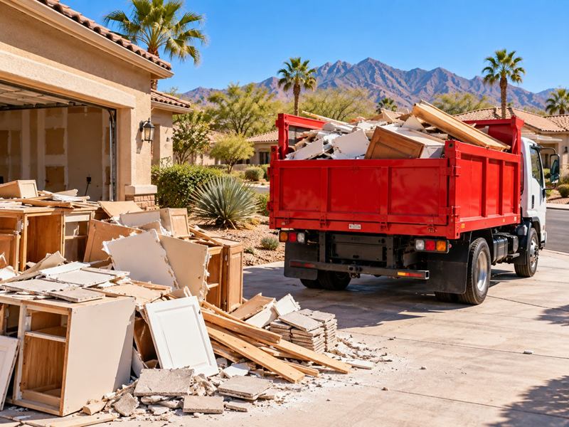 Old cabinets, drywall and broken tile piled on a driveway next to a red dump truck